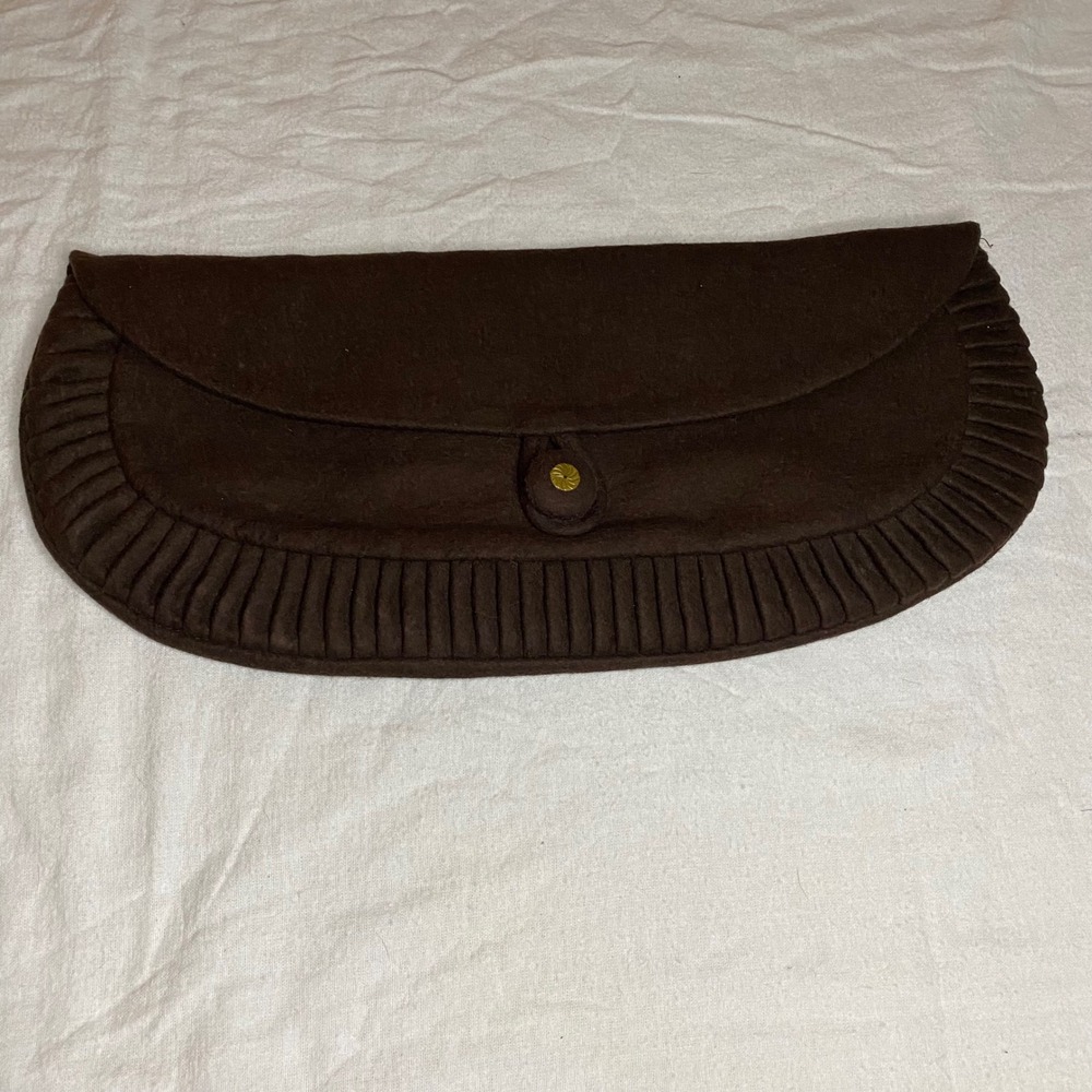 Vintage Brown Wool Felt Pleated Trim Envelope Clutch Bag Gold Sunburst Button